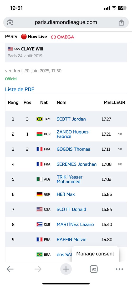 Hugues Fabrice ZANGO <a href="/HuguesZango_TS/">ZANGO Hugues Fabrice</a> réalise un saut de 17,21 m au meeting de Paris en Ligue de Diamant <a href="/Diamond_League/">Wanda Diamond League</a> 2025, ce 20 juin.
Il est 2e juste derrière SCOTT Jordan à 17,27m 
#ParisDL #Athletics  #Étalon 🐎