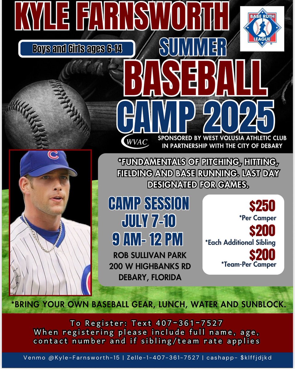 Still time to sign up for the 2nd annual Kyle Farnsworth baseball camp! ⚾️💪🏻