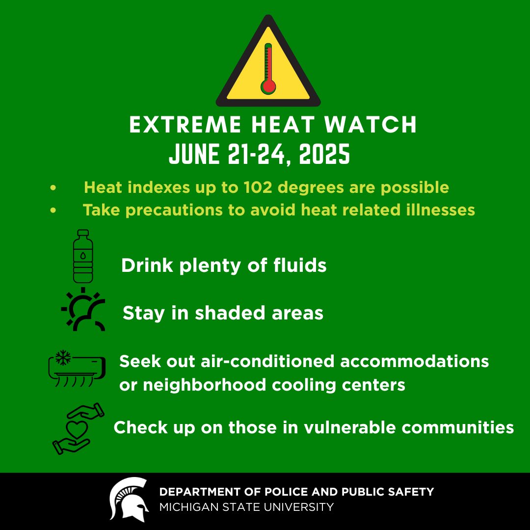 Extreme Heat Watch:  June 21–24, 2025 
Heat indexes possibly reaching 102°F.  Please take precautions to avoid heat related illnesses.
💧 Drink plenty of water 
🌳 Find shade whenever possible 
❄️ Cool off in air-conditioned spaces or neighborhood cooling centers
🤝 Check in on