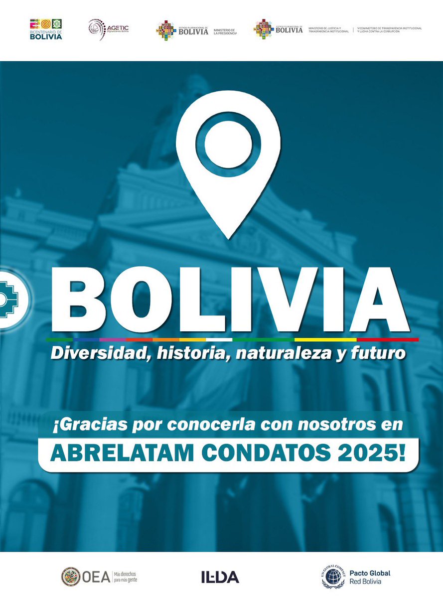ConDatosLATAM's tweet image. Conoce datos útiles y turísticos del país sede de la Conferencia Regional de Datos Abiertos de América Latina y El Caribe #AbrelatamCondatos2025 Bolivia🇧🇴 22-24 de Julio
Participa! Regístrate👇
2025.abrelatam.org/datos-utiles-y…