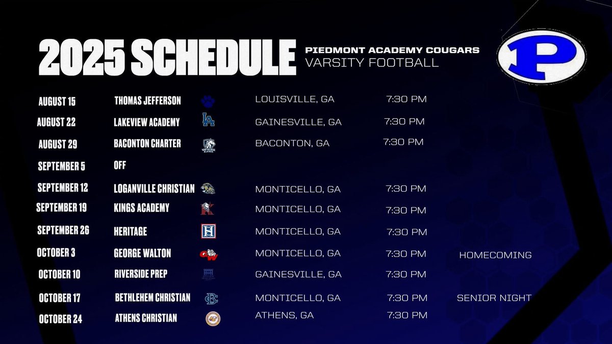 Piedmont Academy Football (@piedmont_fb_) on Twitter photo The Official 2025-26 Football Schedule Has Been Released! See You This Fall! Go Cougars 🐾 #WinTheDay <a href="/PiedmontCougars/">Piedmont Academy</a> The Official 2025-26 Football Schedule Has Been Released! See You This Fall! Go Cougars 🐾 #WinTheDay <a href="/PiedmontCougars/">Piedmont Academy</a>