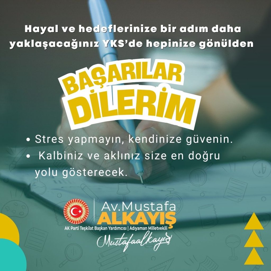 #YKS’ye girecek tüm gençlerimize başarılar diliyorum.Dualarımız sizlerle gençler. 

Emeklerinizin karşılığını alacağınız, gönlünüzce bir sınav olsun.✍️📚

#YKS2025