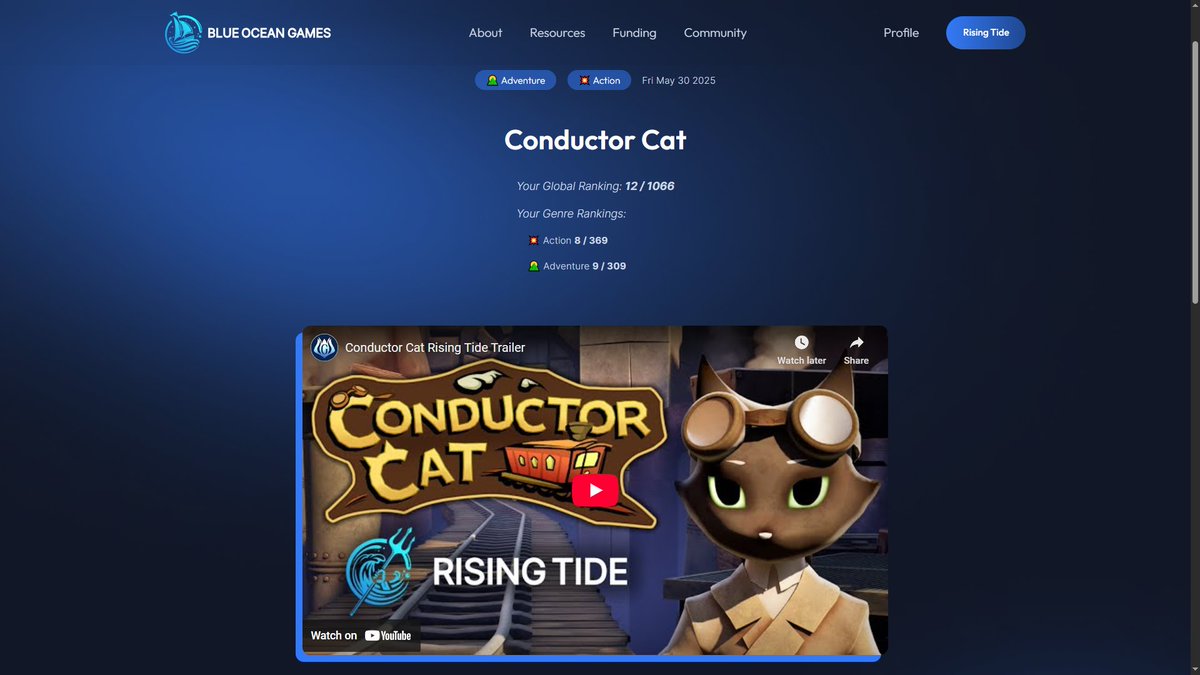 We scored 12th place out of 1,066 games in the global ranking of the #RisingTideChallenge! Sadly, we are not one of the 20 winners of the competition, but the people have spoken... cats + trains go hard

You can view the winners here:
blueoceangames.com/challenge/winn…