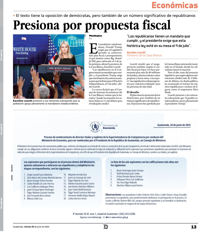 📢 PUBLICAN NÓMINA OFICIAL

El <a href="/MINECOGT/">Ministerio Economía</a> publicó en el Diario Oficial y dos medios de mayor circulación, la nómina con los 6 candidatos mejor calificados para integrar el Directorio de la Superintendencia de Competencia.

De esta nómina, el presidente <a href="/BArevalodeLeon/">Bernardo Arévalo</a> en Consejo