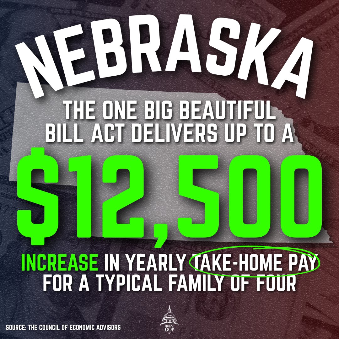 Here's what the #OBBB means for Nebraska: A big bump in take-home pay. 

Read the full state-by-state analysis from the Council of Economic Advisers here: bit.ly/449ETBh