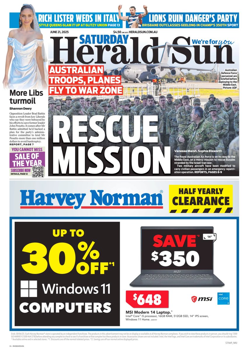 𝙵𝚛𝚘𝚗𝚝 𝙿𝚊𝚐𝚎𝚜 𝚃𝚘𝚍𝚊𝚢 📰 (@ukpapers) on Twitter photo 🇦🇺 Rescue Mission
▫Australian troops, planes fly to war zone
▫<a href="/vanessaleemarsh/">Vanessa Marsh</a> <a href="/sophieelsworth/">Sophie Elsworth</a>
#frontpagestoday #Australia <a href="/theheraldsun/">Herald Sun</a> 🇦🇺 Rescue Mission
▫Australian troops, planes fly to war zone
▫<a href="/vanessaleemarsh/">Vanessa Marsh</a> <a href="/sophieelsworth/">Sophie Elsworth</a>
#frontpagestoday #Australia <a href="/theheraldsun/">Herald Sun</a>