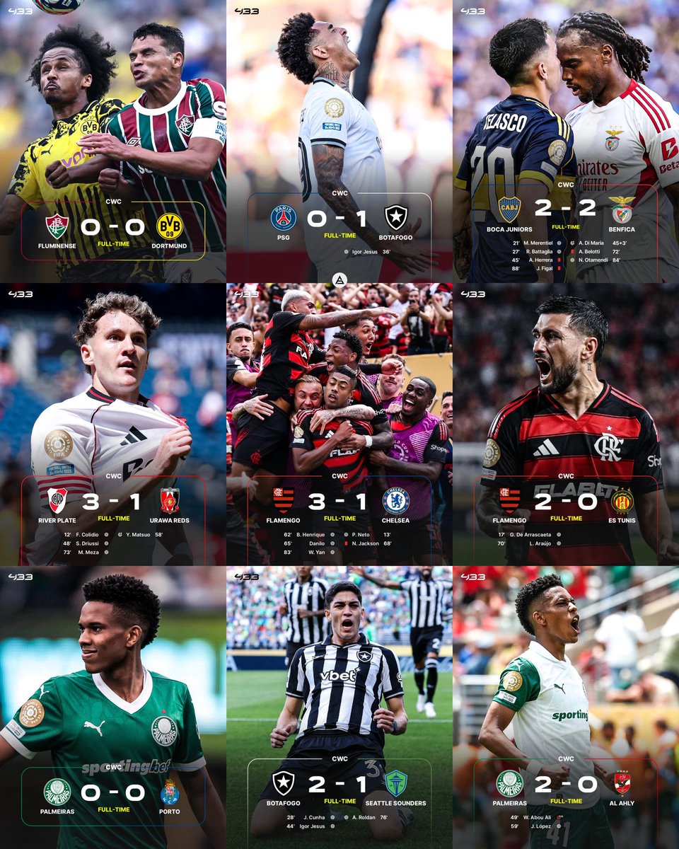 🤯🌎 LOS EQUIPOS SUDAMERICANOS SIGUEN INVICTOS EN ESTE MUNDIAL DE CLUBES 2025.

🇧🇷 Palmeiras 0-0 Porto 🇵🇹
🇧🇷 Botafogo 2-1 Seattle Sounders 🇺🇸
🇦🇷 Boca Juniors 2-2 Benfica 🇵🇹
🇧🇷 Flamengo 2-0 Espérance 🇹🇳
🇧🇷 Fluminense 0-0 Dortmund 🇩🇪
🇦🇷 River Plate 3-1 Urawa 🇯🇵
🇧🇷 Palmeiras 2-0 Al
