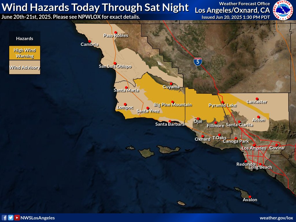 High Wind Warnings for damaging wind gusts up to 65 mph have expanded across SW Calif, with peak timing for most areas likely to be Sunday afternoon/evening. There will be a higher risk for downed trees/powerlines as well as power outages. #LAWeather #cawx #Socal