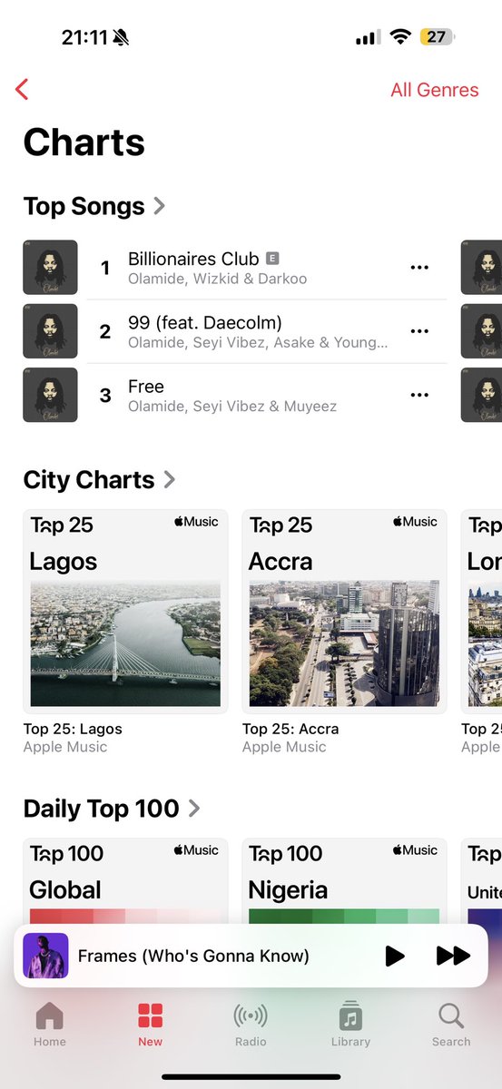 Olamide, Wizkid &amp; Darkoo “Billionaires Club” is now the #1 song on Apple Music Nigeria chart.