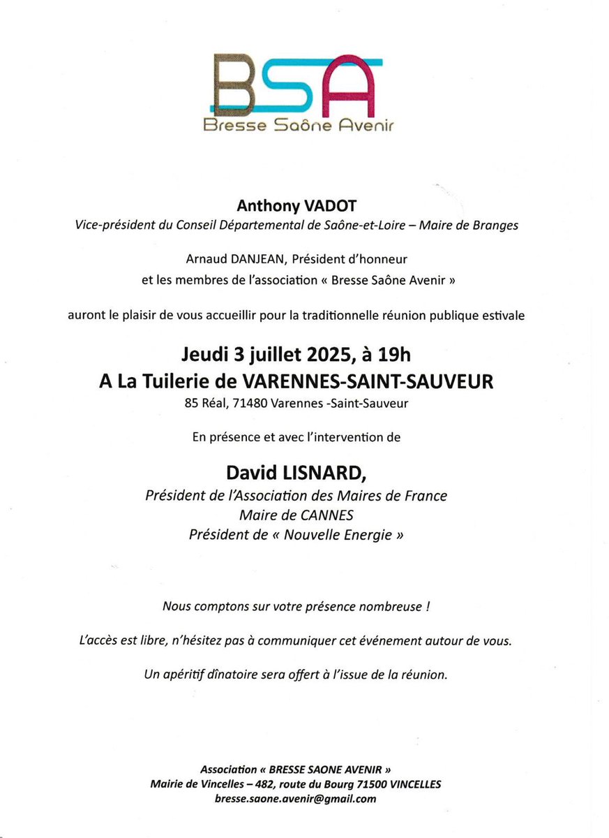 Amis <a href="/Nouv_Energie/">Nouvelle Énergie</a> de l’Ain et de Rhône-Alpes, <a href="/davidlisnard/">David Lisnard</a> sera en territoire bressan dans quelques jours. 
Allons à sa rencontre.