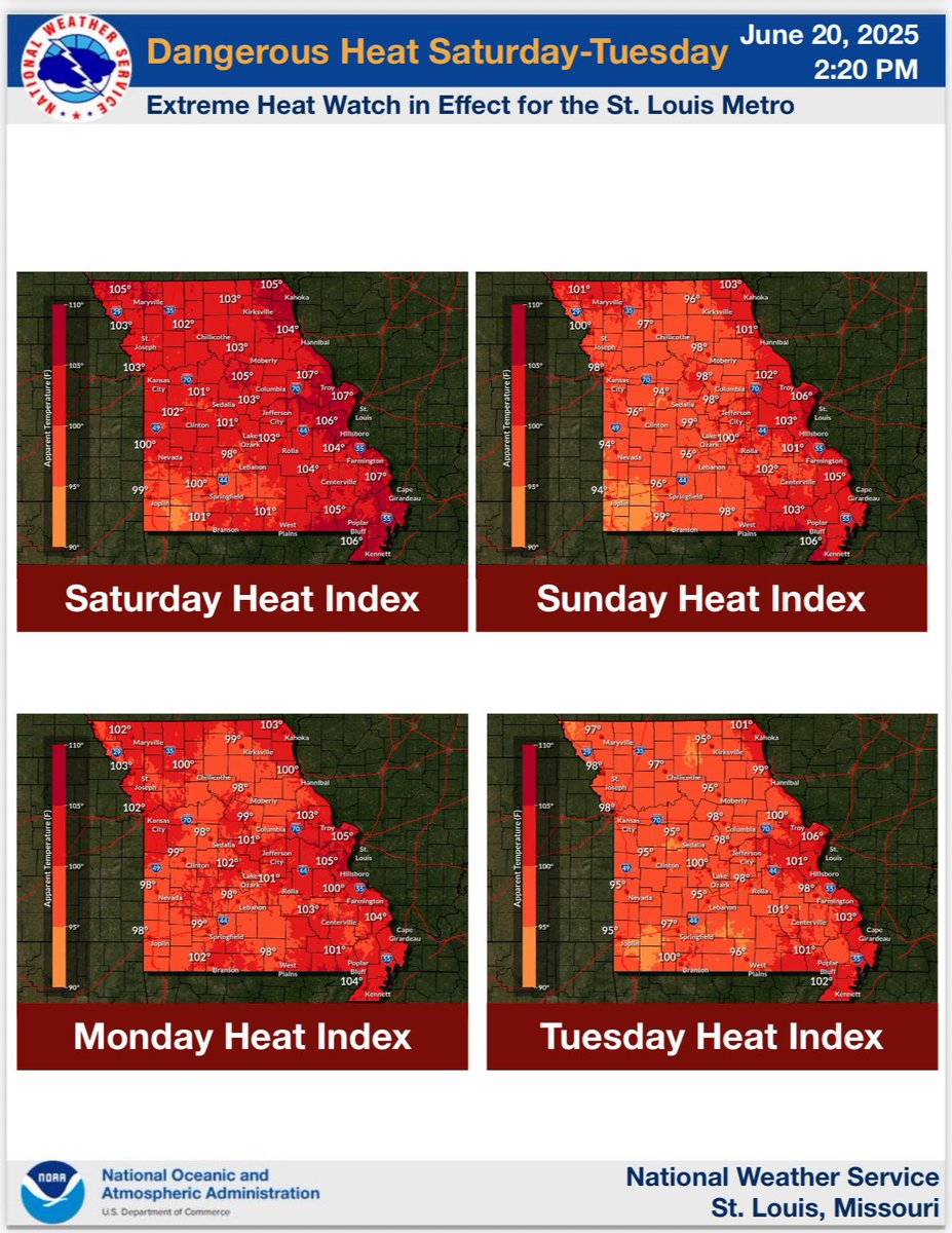 ‼️⚠️Dangerous heat will affect Missouri through TUES ⚠️An Extreme Heat Warning has been issued for the St. Louis Metro SAT-TUES 
⚠️The long duration of heat with afternoon heat indexes at or above 105° will significantly increase the heat illness risk each day
✅Stay safe!