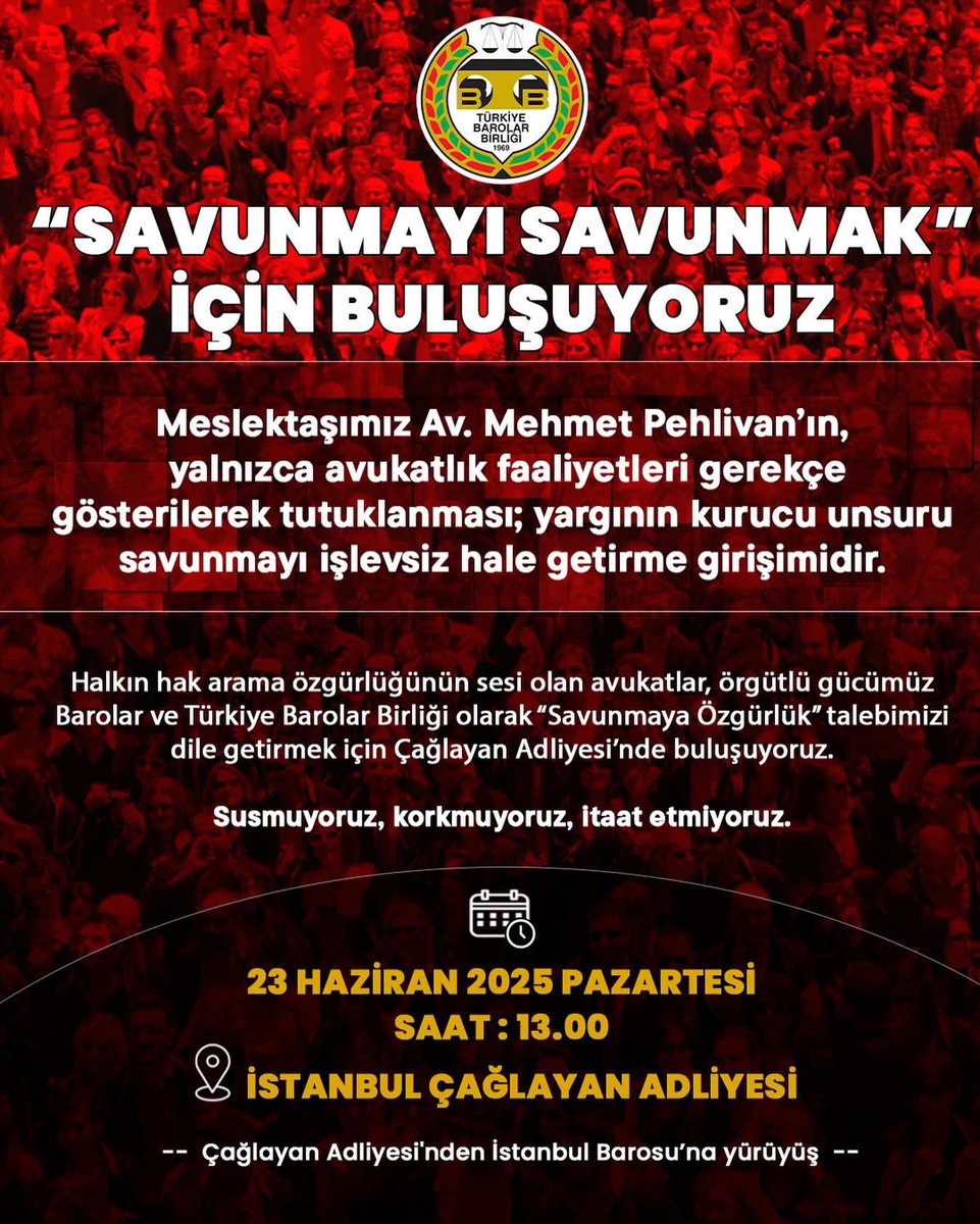 Yürüyüşü İstanbul Cumhuriyet Başsavcılığı önünden başlatalım.

Avukat meslektaşlarımı pazartesi günü düzenlenecek savunmaya özgürlük buluşmasına davet ediyorum.