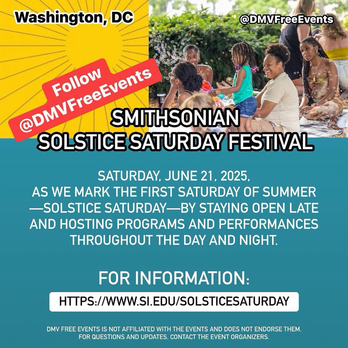 June 21, DC, Smithsonian Solistice Saturday Festival
Disclaimer: DMV Free Events is not affiliated with the events and does not endorse them. For questions and updates, contact the event organizers.
#DMVFreeEvents