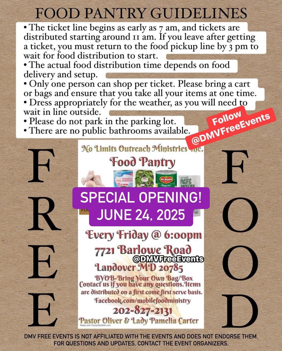 June 24, Landover, Food Pantry
Disclaimer: DMV Free Events is not affiliated with the events and does not endorse them. For questions and updates, contact the event organizers.
#DMVFreeEvents