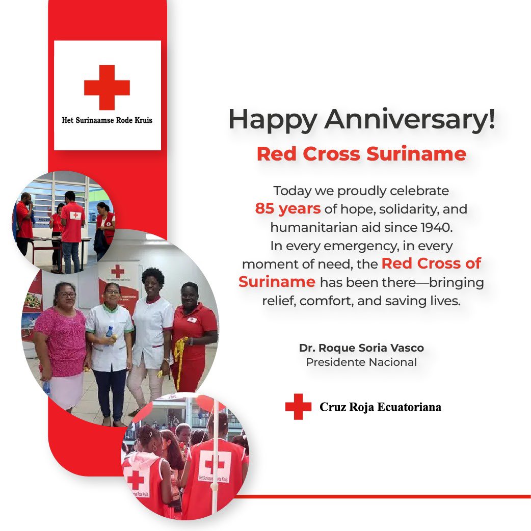 Felicito a #CruzRojaSuriname por su aniversario y su labor humanitaria constante. Desde Ecuador, mi respeto y admiración por su impacto comunitario.
#RedHumanitaria

I salute #SurinameRedCross for their tireless humanitarian work.
#TogetherForHumanity