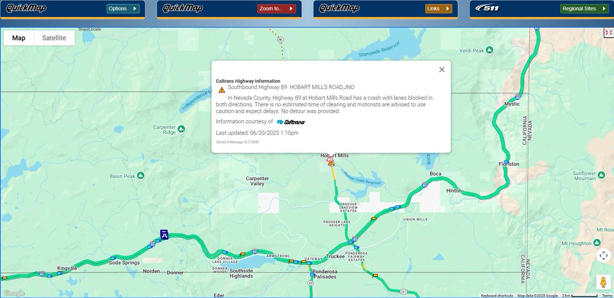 Caltrans District 3 (@caltransdist3) on Twitter photo #TrafficAlert Lanes blocked in both directions along Hwy 89 in Nevada County due to a traffic collision. No ETO.
<a href="/CHP_Truckee/">CHP Truckee</a> #TrafficAlert Lanes blocked in both directions along Hwy 89 in Nevada County due to a traffic collision. No ETO.
<a href="/CHP_Truckee/">CHP Truckee</a>