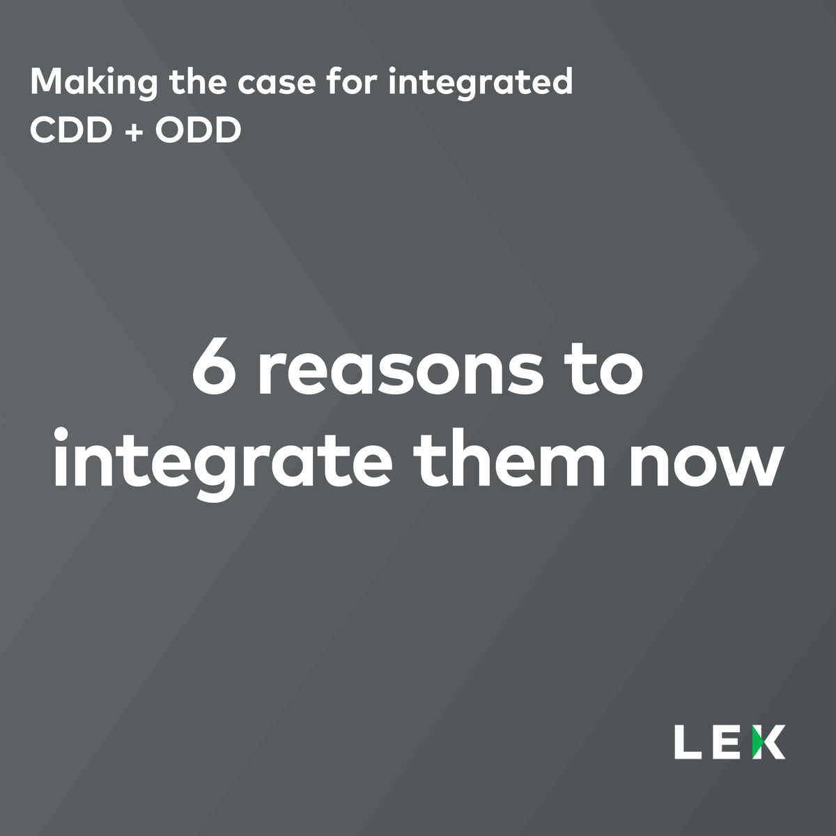 Integrated commercial due diligence (CDD) and operational due diligence (ODD) is becoming the norm. L.E.K.’s Simon Horan and Matt Stanfield share six reasons to do it now — and how to start. Read more: bit.ly/3TsLfXy 

#PrivateEquity #Diligence #CDD #ODD #Strategy