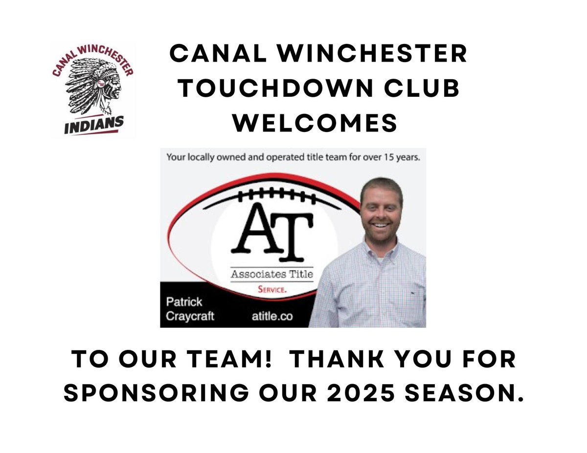 Canal Winchester Football (@cwtouchdownclub) on Twitter photo A big thank-you to <a href="/atitleinc/">Associates Title Inc</a> for sponsoring our athletes and coaches this season. Your support makes a real difference. As a locally owned and operated business, Associates Title shows what it means to invest in the community. Support the small businesses that support our team A big thank-you to <a href="/atitleinc/">Associates Title Inc</a> for sponsoring our athletes and coaches this season. Your support makes a real difference. As a locally owned and operated business, Associates Title shows what it means to invest in the community. Support the small businesses that support our team