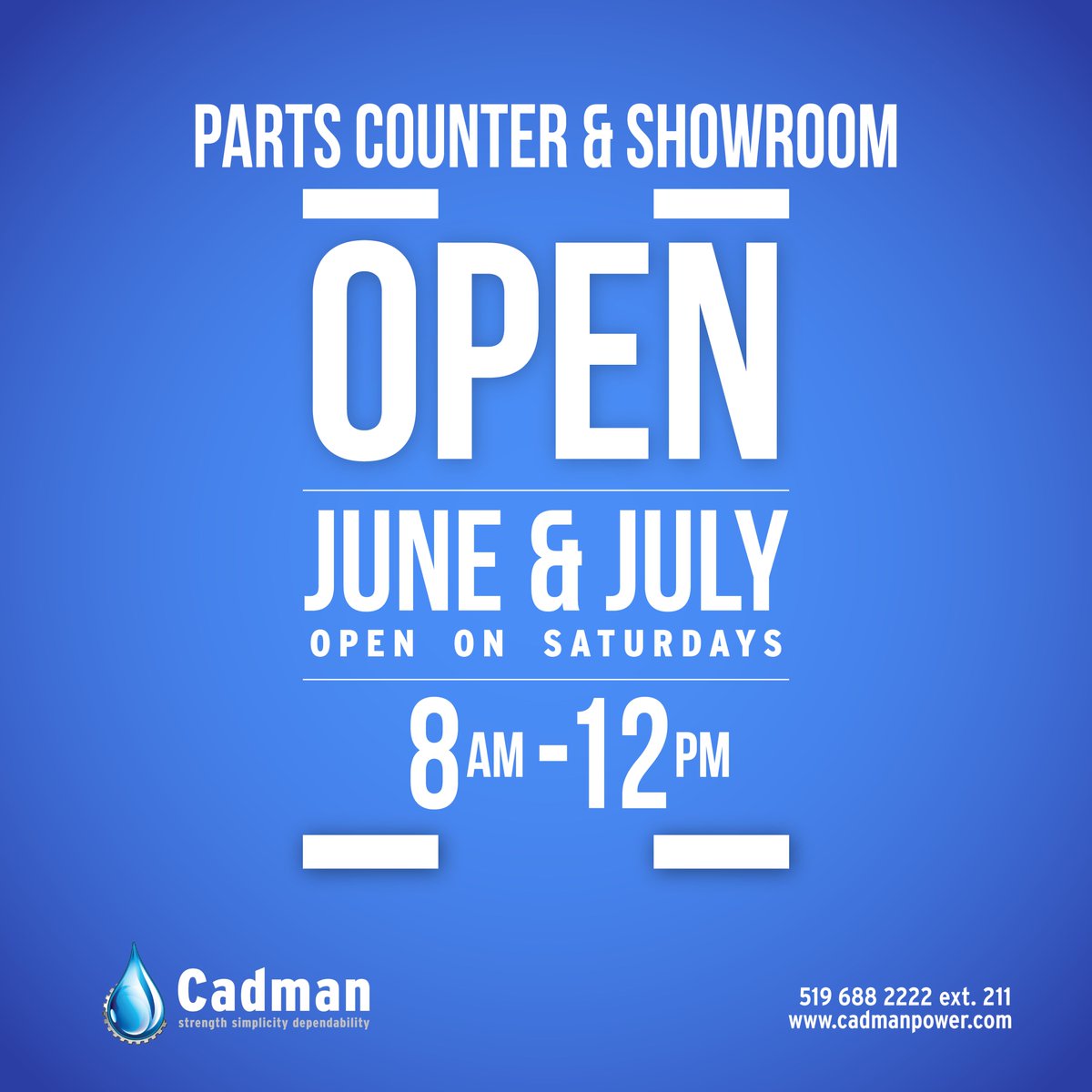 CadmanPower's tweet image. 🕗 We're now OPEN:
Saturday — 8:00 AM to 12:00 PM
Need parts for your irrigation system or machinery? We’ve got you covered—more hours to keep your equipment running smoothly!
📍 38 Main Street, Courtland ON
📞 519 688 2222 ext 211
🌐 cadmanpower.com
#IrrigationParts