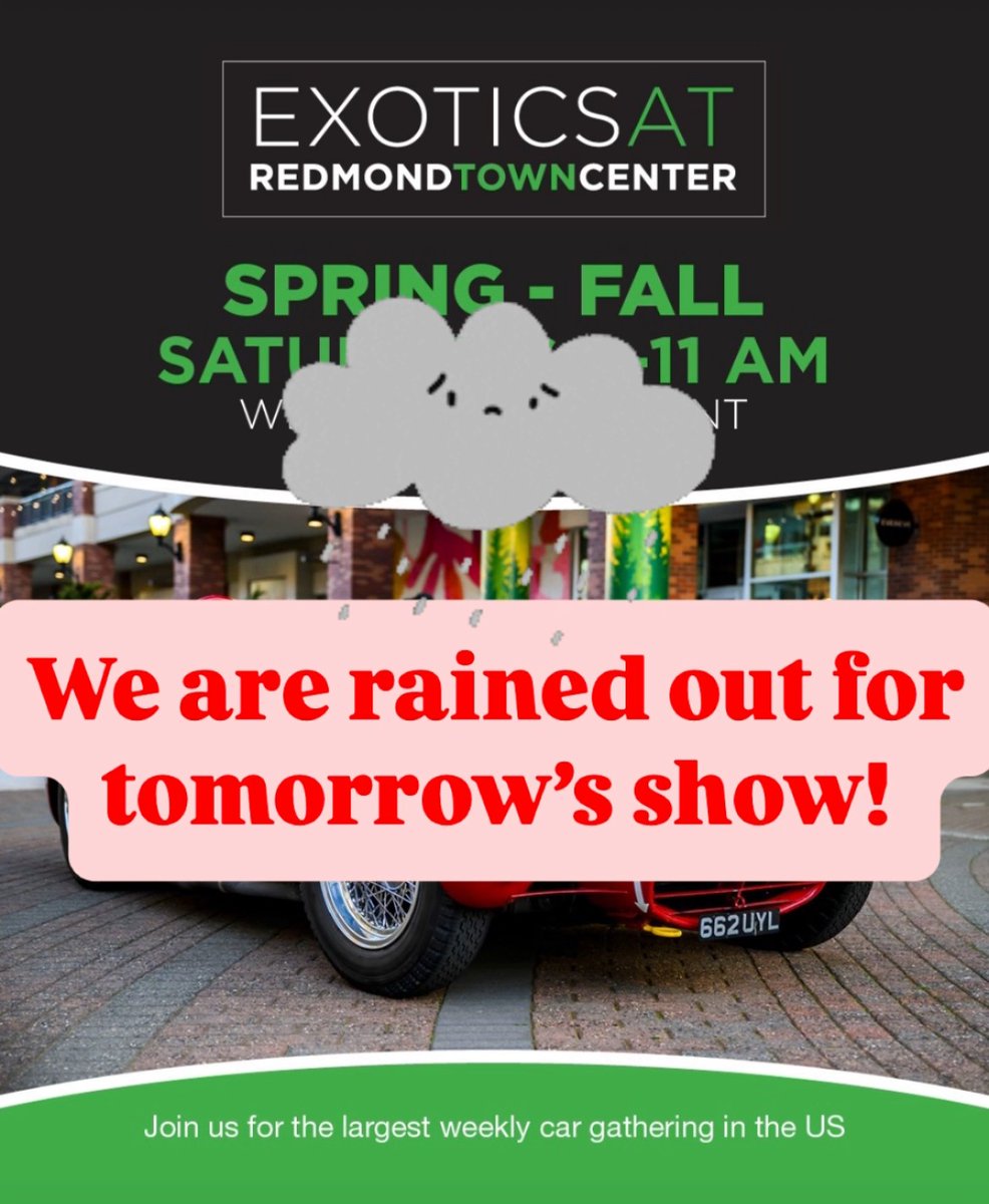 RedmondTownCenter (@shopredmond) on Twitter photo Rainy weather means we have to hit pause on <a href="/ExoticsAtRTC/">ExoticsAtRTC</a> this weekend, but we can’t wait to catch up with everyone next time! Stay tuned! Rainy weather means we have to hit pause on <a href="/ExoticsAtRTC/">ExoticsAtRTC</a> this weekend, but we can’t wait to catch up with everyone next time! Stay tuned!