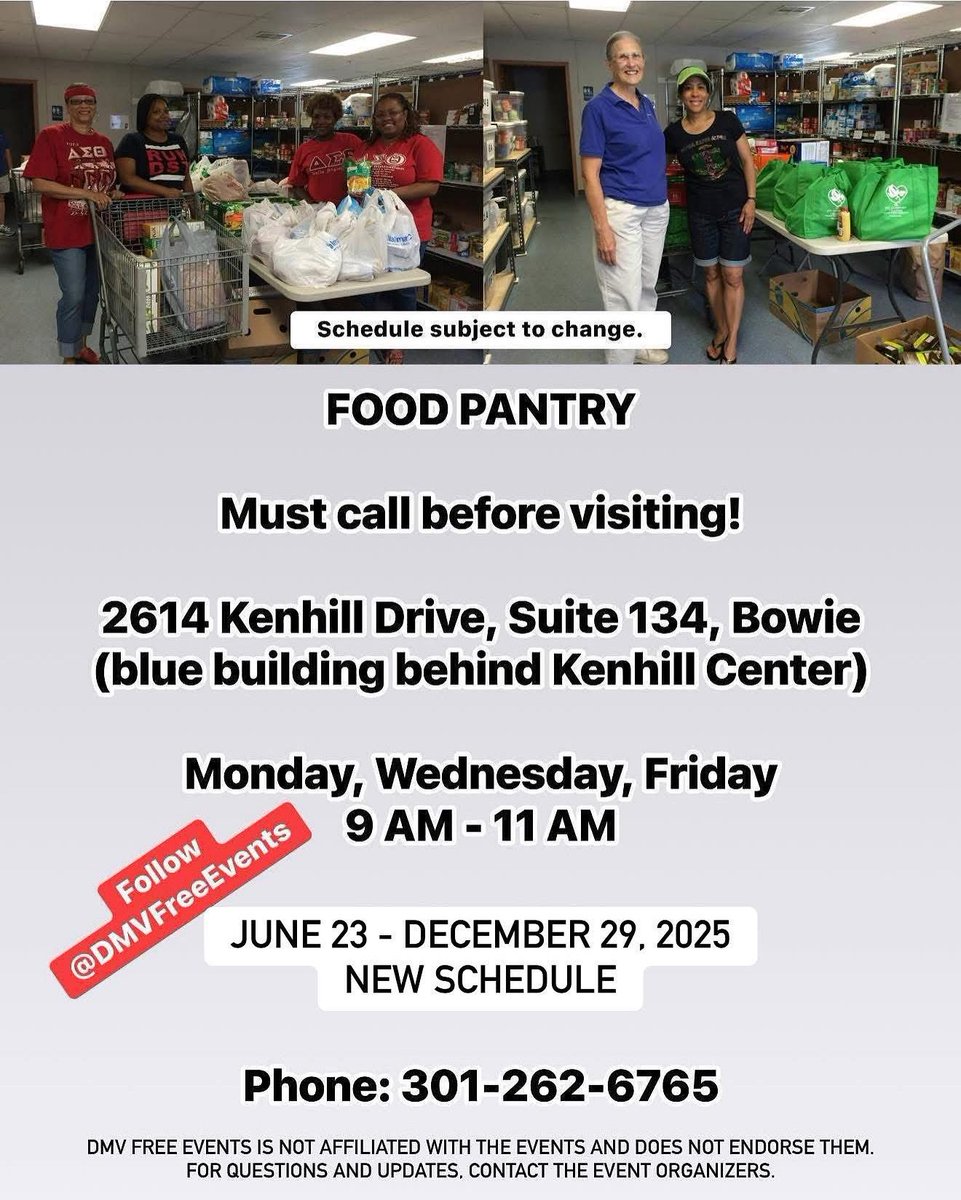 Mondays, Wednesdays &amp; Fridays, Bowie, Food Distribution 
Disclaimer: DMV Free Events is not affiliated with the events and does not endorse them. For questions and updates, contact the event organizers.
#DMVFreeEvents