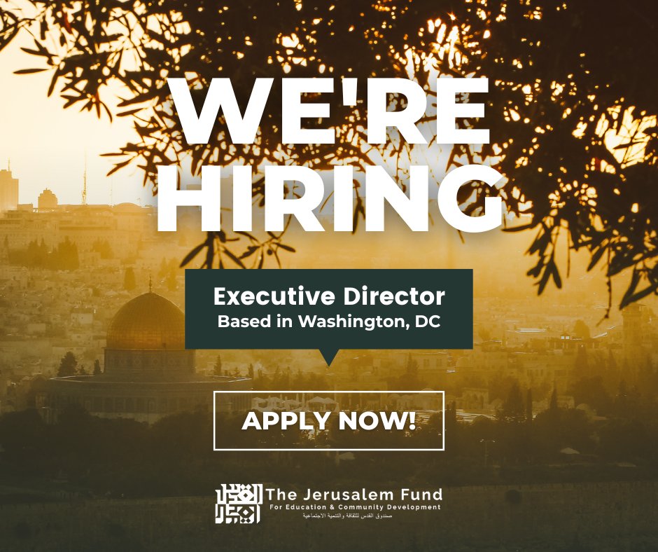 PalestineCenter's tweet image. We're hiring! The Jerusalem Fund is looking for an Executive Director to lead our educational (Palestine Center), cultural (Gallery Al-Quds), and humanitarian (The Humanitarian Link) programs.
thejerusalemfund.org/2025/06/job-op…