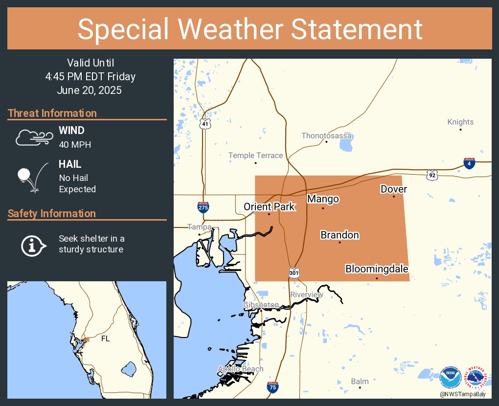 A special weather statement has been issued for Brandon FL, Bloomingdale FL  and Mango FL until 4:45 PM EDT, image size:1020x830