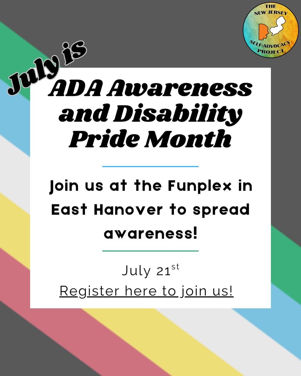 New Jersey Self-Advocacy Project (@njsap) on Twitter photo July is ADA Awareness & Disability Pride Month!! NJSAP will be setting up a table with resources & giveaways at the Funplex in East Hanover. Click here to learn more about the event and register to join us: arcnj.org/programs/njsap… <a href="/thearcofnj/">The Arc of NJ</a> #DisabilityPride #ADAAwareness25 July is ADA Awareness & Disability Pride Month!! NJSAP will be setting up a table with resources & giveaways at the Funplex in East Hanover. Click here to learn more about the event and register to join us: arcnj.org/programs/njsap… <a href="/thearcofnj/">The Arc of NJ</a> #DisabilityPride #ADAAwareness25