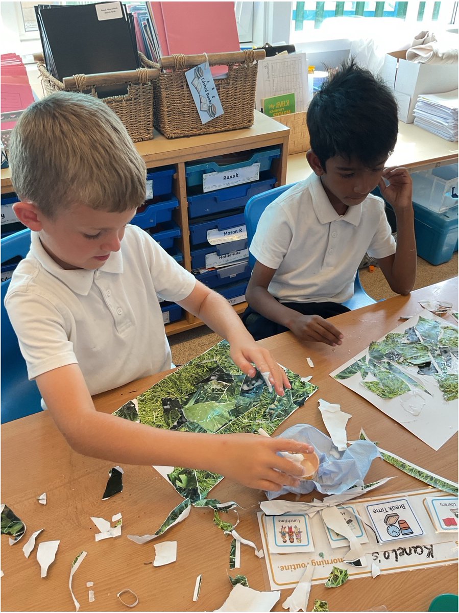 Inspired by Henri Rousseau’s lush jungle scenes, Team Venus explored the idea of layers in art this afternoon. Using our own photographs of green nature, we ripped, arranged and layered the images to create textured vibrant backgrounds for our own masterpieces.