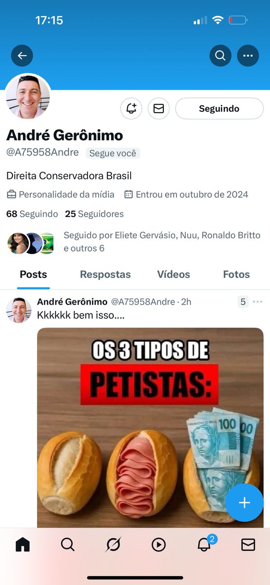 Te seguindo de volta,<a href="/A75958Andre/">Cabo André Patriota</a> !Vou te seguir também com a conta reserva <a href="/RICKSERGIOBSB/">SERGIO RICARDO- RESERVA @SERGIOR49076581</a> 🤝🤝Patriotas, vamos tentar fazer André passar de 100 seguidores ainda hoje?🤝🤝🇧🇷🇧🇷💪💪ANDRÉ SEGUIRÁ DE VOLTA TODOS OS PATRIOTAS QUE IRÃO TE SEGUIR, ESTOU CERTO ANDRÉ?