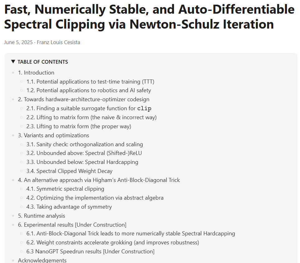 Fast, Numerically Stable, and Auto-Differentiable Spectral Clipping via Newton-Schulz Iteration

Hi all, I'm bacc. I have a lot to talk about, but let's start with this fun side-project.

Here I'll talk about novel (?) ways to compute:
1. Spectral Clipping (discussed in Rohan's