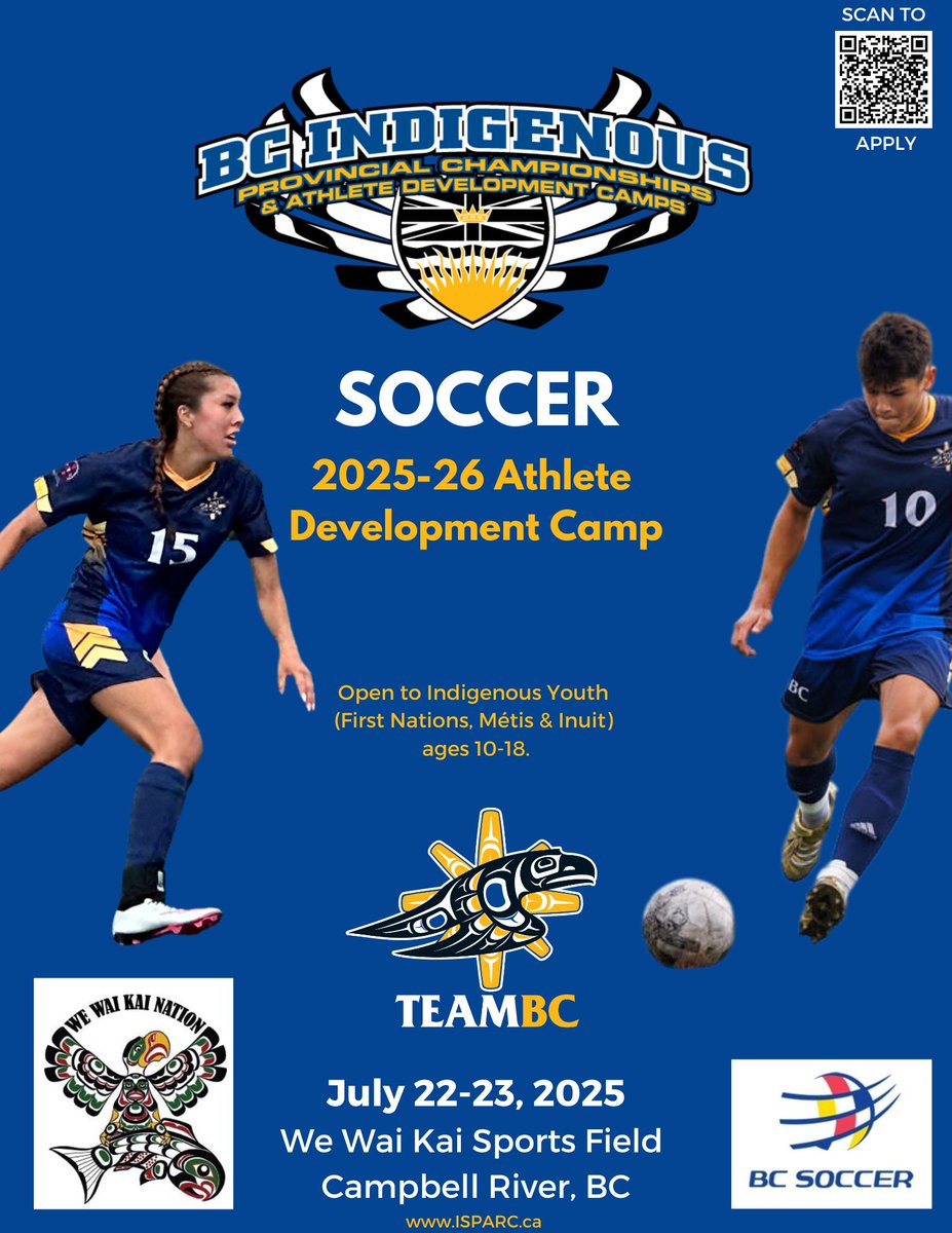 I∙SPARC is pleased to present its Soccer Athlete Development Camp in partnership with We Wai Kai First Nation and BC Soccer.
⚽️This 2-day event is being held on July 22-23, 2025 at the We Wai Kai Nation Sport Fields in Campbell River, BC. 
💻Register via:
isparcbc.wufoo.com/forms/202526-b…