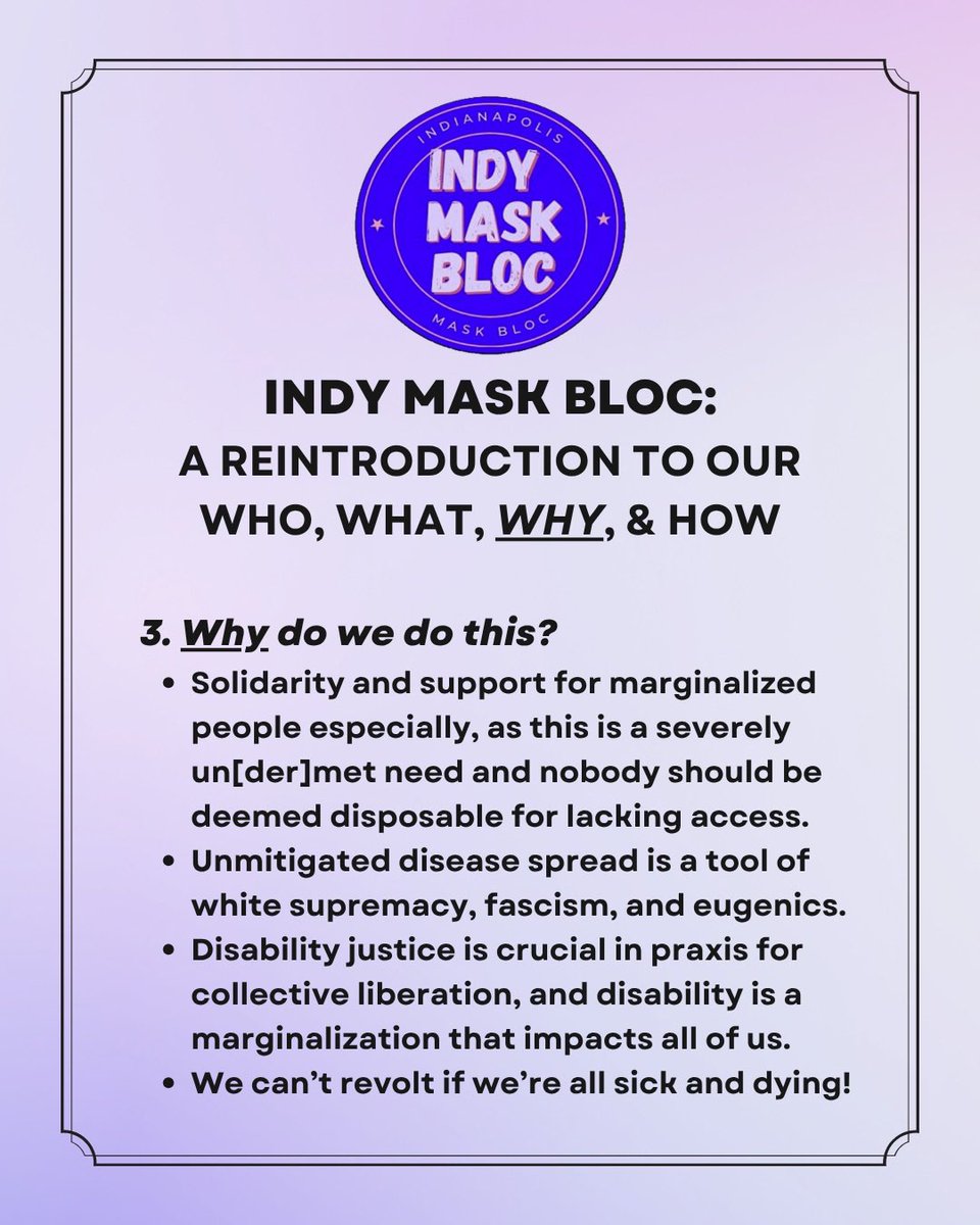 indymaskbloc's tweet photo. Indy Mask Bloc: A Reintroduction To Our Who, What, Why, and How💜
#IndyMaskBloc #MaskUpIndy #MaskUpIndiana #MaskUpAmerica #CovidIsntOver #CovidIsAirborne
General image description: all slides are on a lavender background with the purple circular indy mask bloc logo at the top https://t.co/zOWRvlCIpp