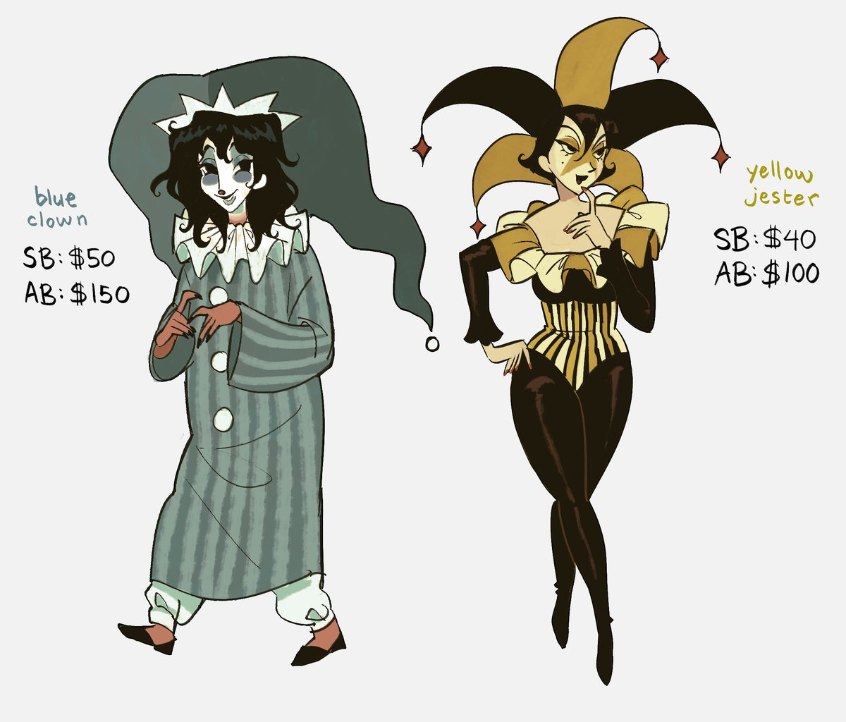 clown adopts.... selling these guys cuz i dont have anything to do with them. both come with extra (older) drawings! 

bidding will end in 24 hours... will put on hold for AB, minimum bid increase $5 :]