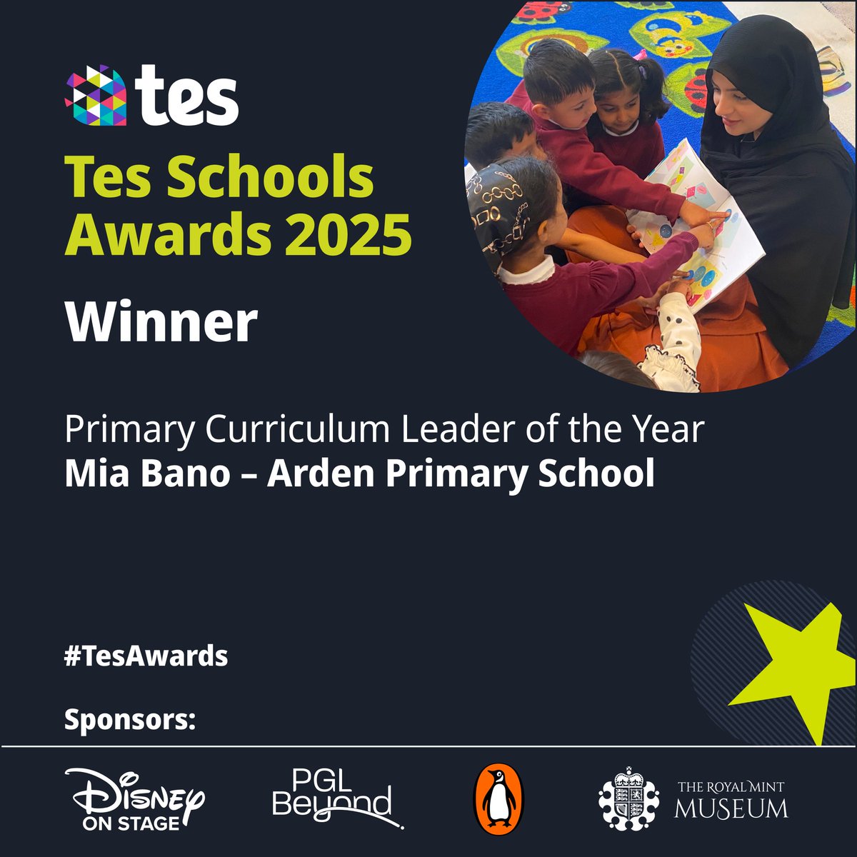 The Primary Curriculum Leader of the Year award goes to Mia Bano of Arden Primary School! 

Keep up the great work! 🎨⭐#Tes Awards