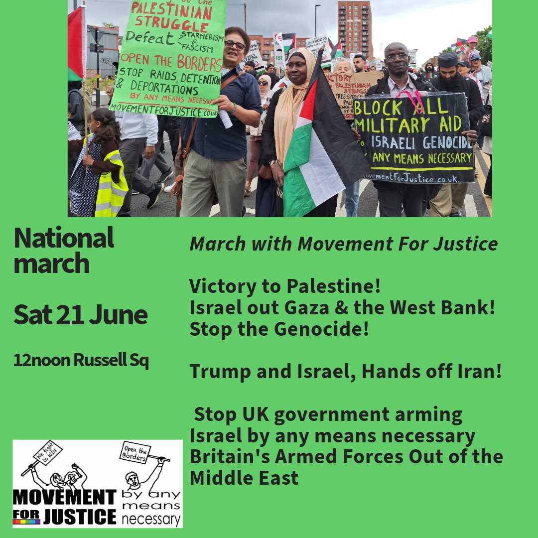followmfj's tweet photo. March with Movement For Justice  
21 June 2025
12noon

Victory to Palestine! Israel out Gaza &amp; the West Bank! Stop the Genocide!  Trump and Israel, Hands off Iran! https://t.co/OOQh1ZSCLp