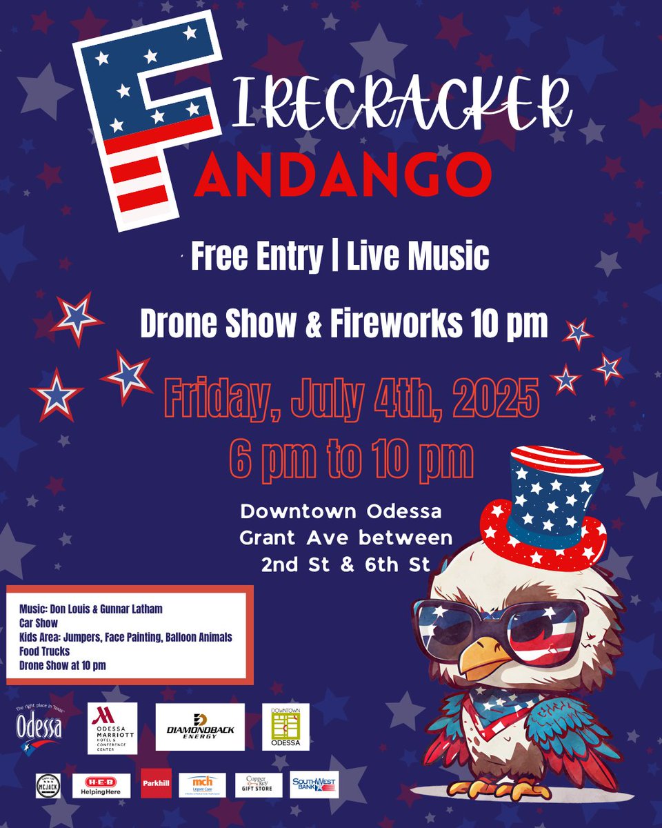 Firecracker Fandango

Get ready—our big July 4th celebration is just around the corner! In addition to our spectacular fireworks display, we’re excited to introduce a dazzling drone light show.

Join us for this FREE community event. 

Calendar
odessa-tx.gov/calendar