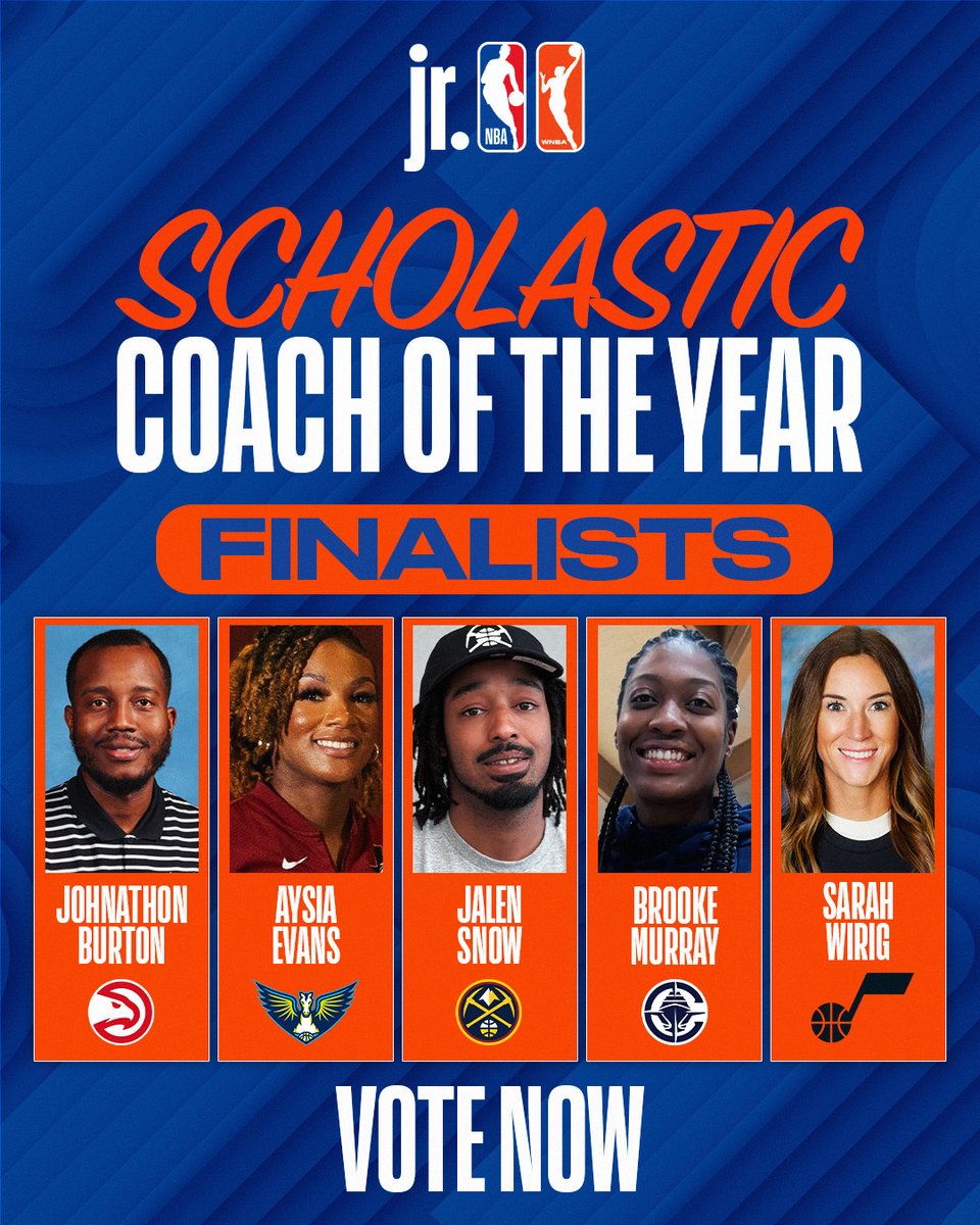 jrnba's tweet image. Introducing our Jr. NBA/Jr. WNBA Scholastic Coach of the Year U.S. Finalists
🌟 Johnathan Burton, @ATLHawks
🌟 Aysia Evans, @DallasWings
🌟 Jalen Snow, @nuggets
🌟 Brooke Murray, @LAClippers
🌟 Sarah Wirig, @utahjazz
Learn more about each coach and VOTE NOW for your…