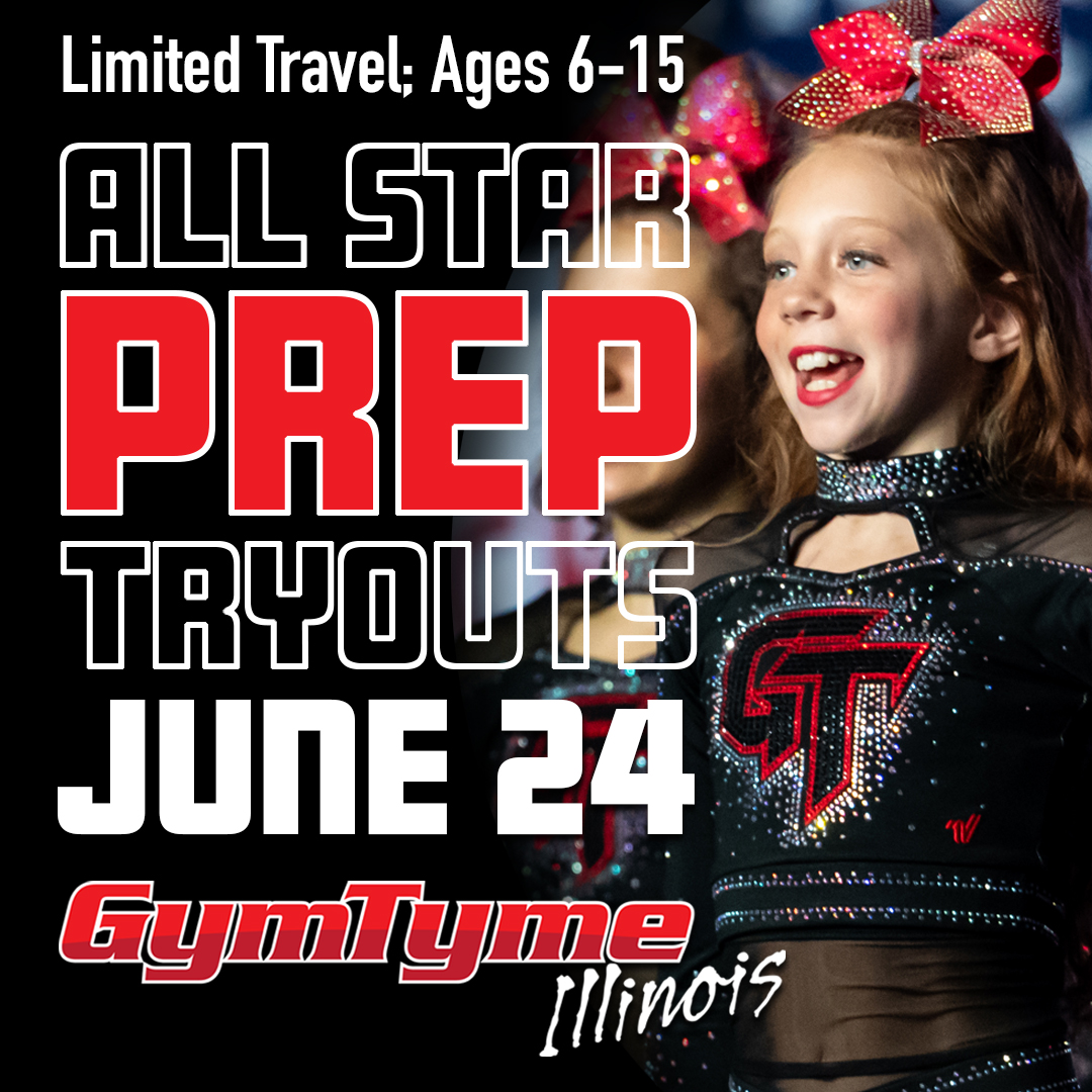 All Star PREP tryouts are just around the corner! Get the details at gymtymeil.com/page/teams. Pre-registration required. SIGN UP TODAY!