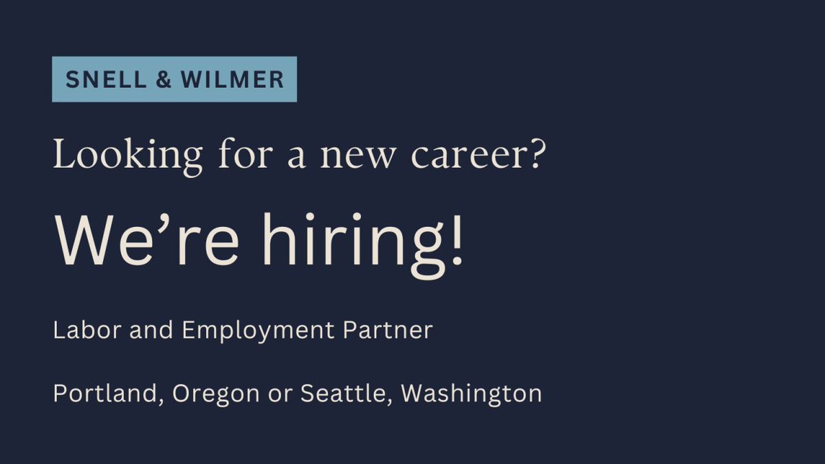 Snell &amp; Wilmer is hiring a Labor and Employment Partner to work from the firm’s Portland, Oregon or Seattle, Washington office. Please visit the link below for more information. 
 
bit.ly/3G5vaUO