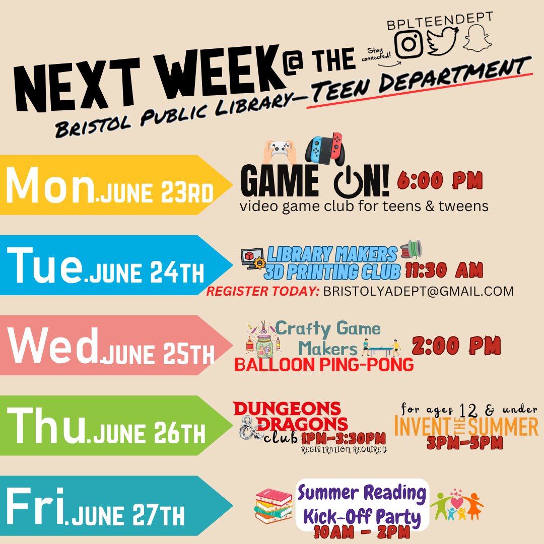 Don't miss out on the free fun that we've got in store for our teens, tweens &amp; "in-betweens" (grades 6-12) here at the library next week!