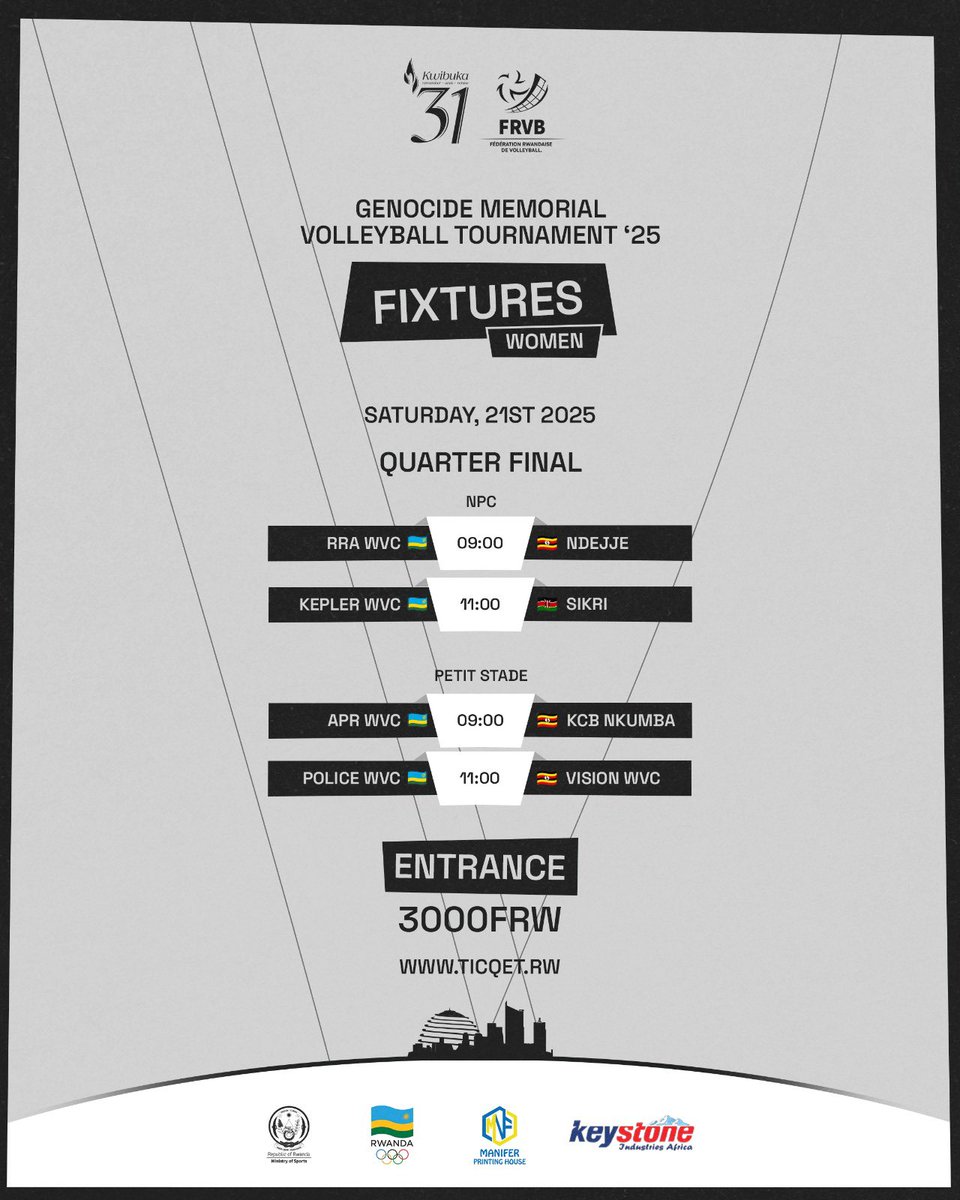 #GMT25 After a busy Day of Group Stage matches, here are the Quarterfinal fixtures,  with Semifinals to follow.

All games will be played at Petit Stade and NPC Gymnasium.

Grab your ticket now and secure your seat.

#RwandaVolleyball