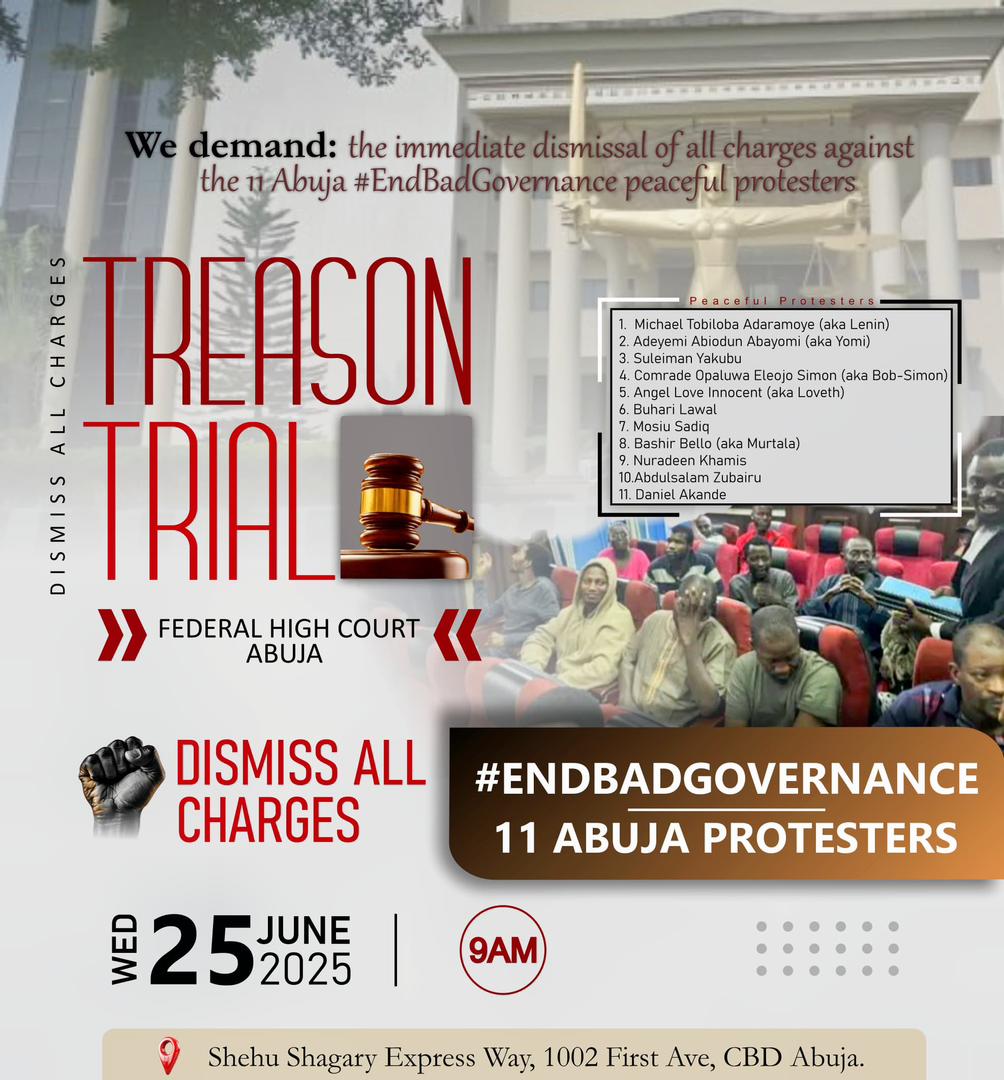 WE CONDEMN THE NIGERIAN GOVERNMENT'S DRACONIAN APPROACH TO DISSENT! PROTESTERS PROSECUTED FOR TREASON WHILE CRIMINALS ARE REHABILITATED? WE DEMAND IMMEDIATE DISMISSAL OF ALL TRUMPED-UP CHARGES &amp; RESPECT FOR CITIZENS' RIGHTS! #JusticeForProtesters
#FreeThemAll 
#HumanRightsMatter