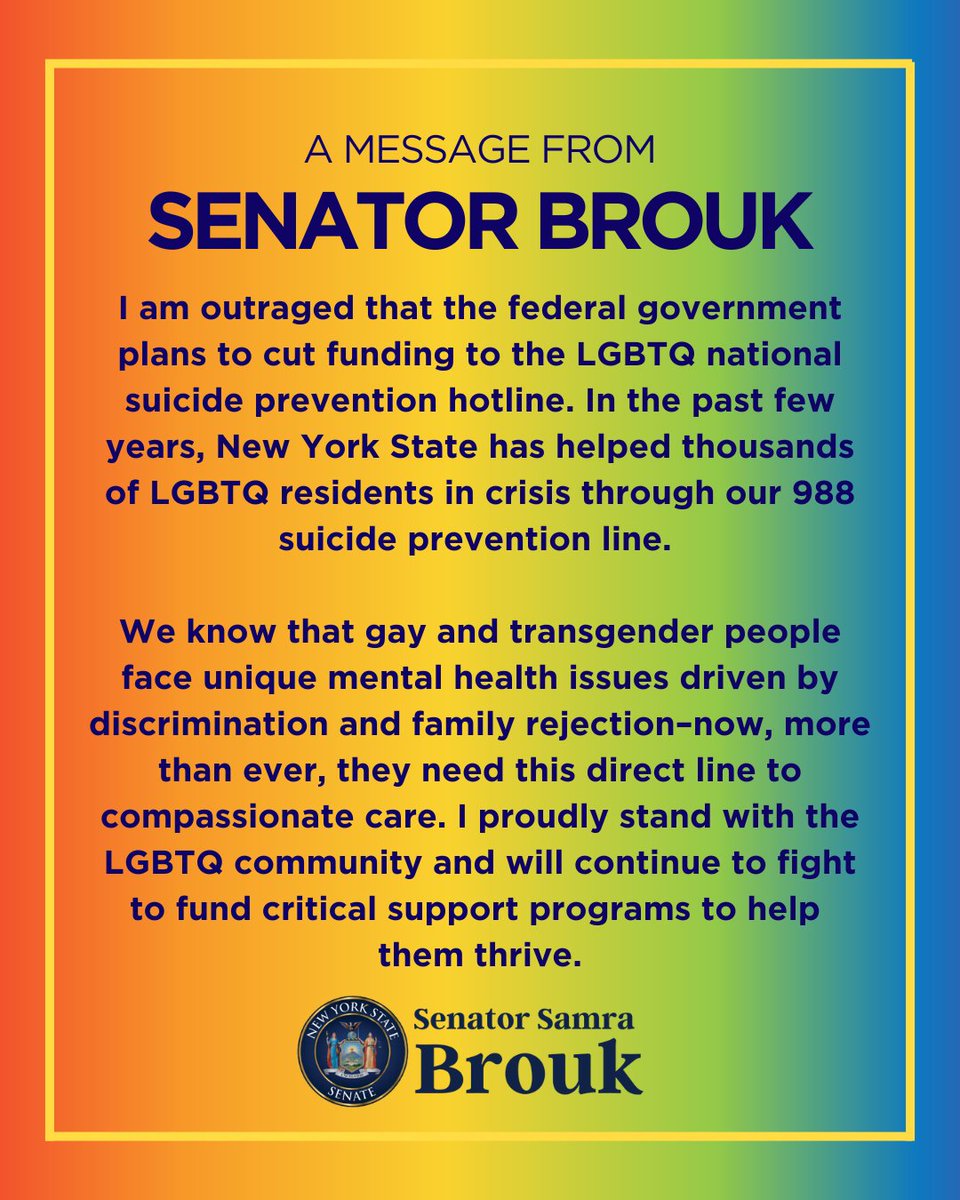 SenatorBrouk's tweet image. My statement on the federal government's proposed cuts to the LGBTQ national suicide prevention hotline.