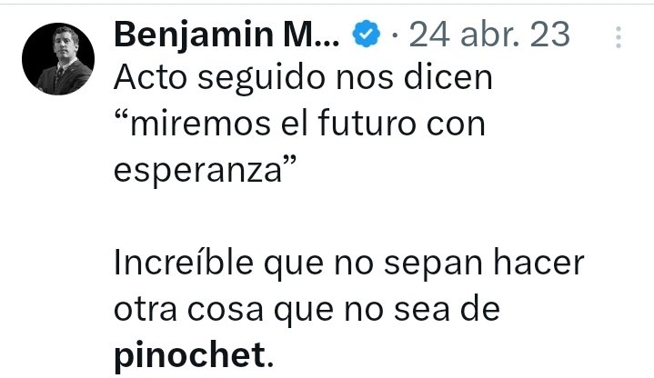 🇨🇱🚫TraidoresNO (@incorru47125032) on Twitter photo <a href="/BenjaminMorenob/">Benjamin Moreno 🇨🇱Diputado</a> Jajaha....
Sacando el viejo y sobre-utilizado argumento del Comunismo...
Pero como buen fascista reclamando si los opositores hablan de Pinochet.
El doble estándar te hace poco creíble, pobre mequetrefe. <a href="/BenjaminMorenob/">Benjamin Moreno 🇨🇱Diputado</a> Jajaha....
Sacando el viejo y sobre-utilizado argumento del Comunismo...
Pero como buen fascista reclamando si los opositores hablan de Pinochet.
El doble estándar te hace poco creíble, pobre mequetrefe.