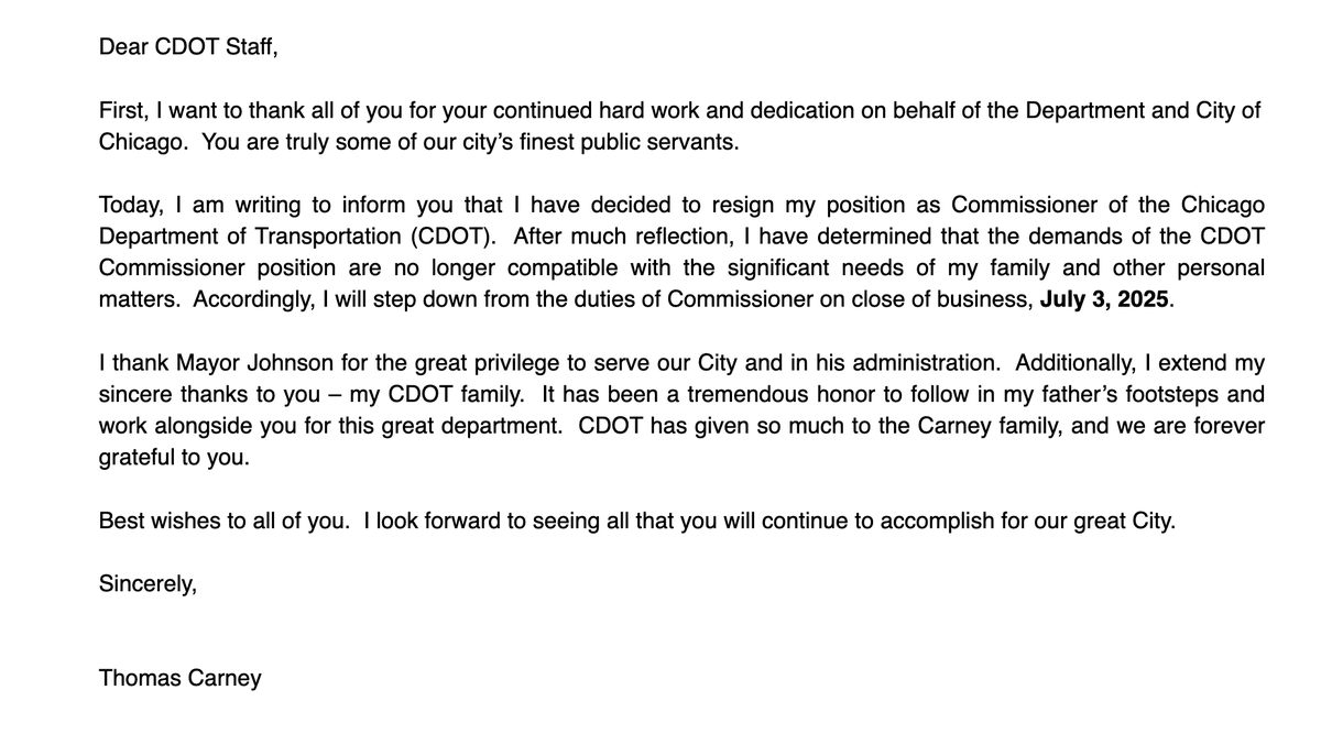 CDOT Commissioner Tom Carney announced his resignation today, effective July 3 — before the blockbuster NASCAR race arrives in Grant Park.