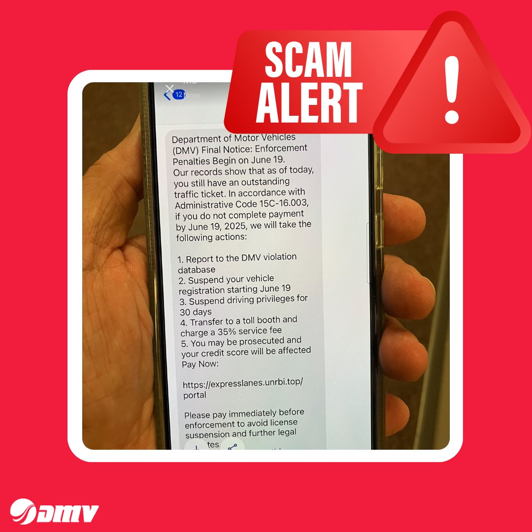 They're at it again! Got a text like this? IT IS A SCAM! DMV will NEVER text you about fines or suspensions.

Don't click any links or share your financial details via text.