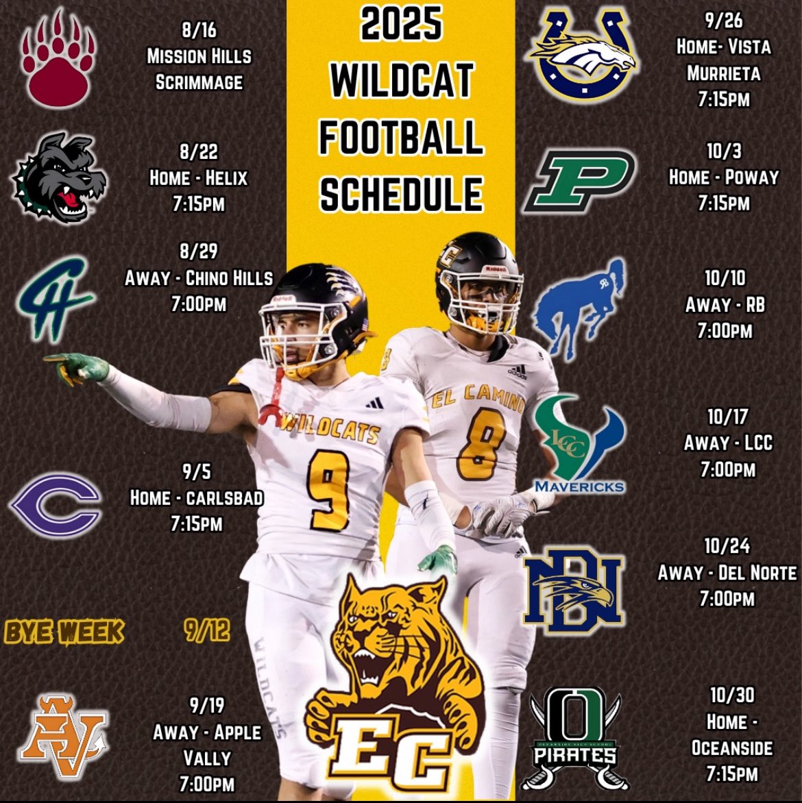 2025 El Camino Wildcats Football Schedule 

😼🏈