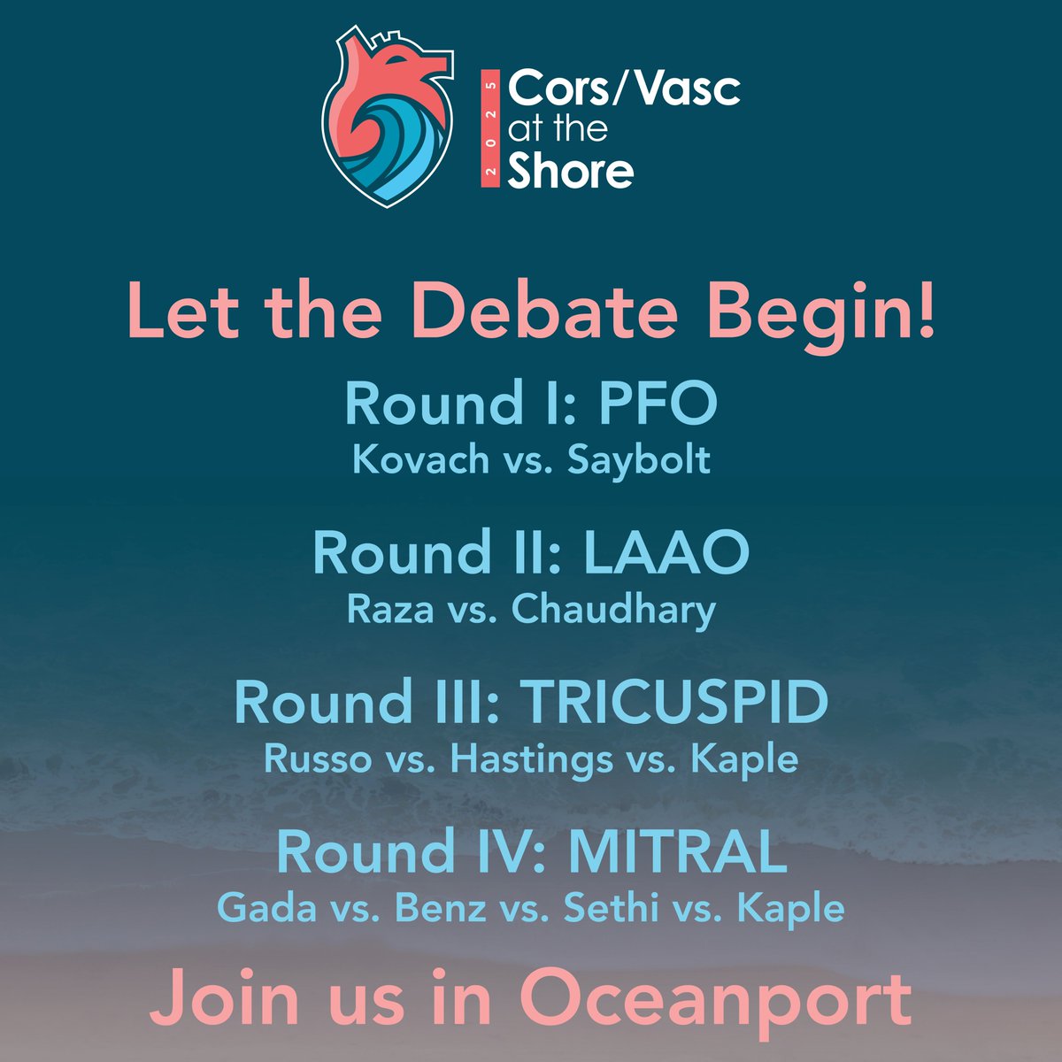 CorsAtTheShore's tweet image. 🌊 IT&apos;S TIME TO BRING THE WAVES TO THE SHORE!
The most anticipated session of Cors/Vasc at the Shore is happening NOW — and the heat is on! 🔥

🫀 Welcome to the Head-to-Head Structural Heart Debates — where top experts go toe-to-toe on the biggest questions in interventional…