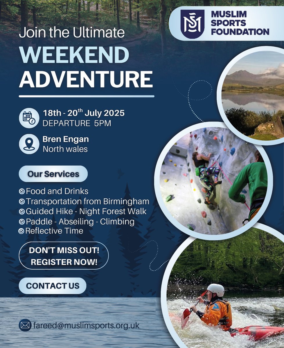 🌄 Join MSF in North Wales 🌿

📍 Bren Engan | 18th–20th July 2025
🕔 Departing at 5:00pm

We are heading to the stunning landscapes of North Wales for a weekend of outdoor adventure, spiritual refreshment, and community connection.  

📩 Email fareed@muslimsports.org.uk for info